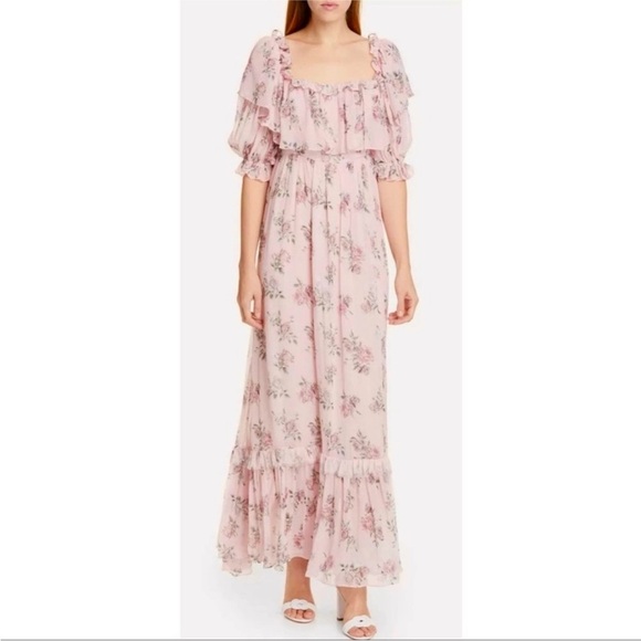 LoveShackFancy Tara Maxi Dress Pink Floral Ruffle Off the Shoulder Silk Medium - Picture 1 of 16
